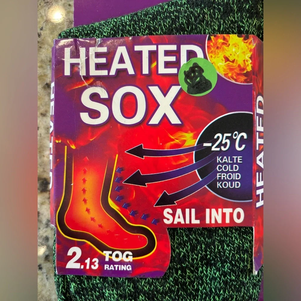 Heated socks, 2.1 3‎ TOG rating. Size 9 through 11.